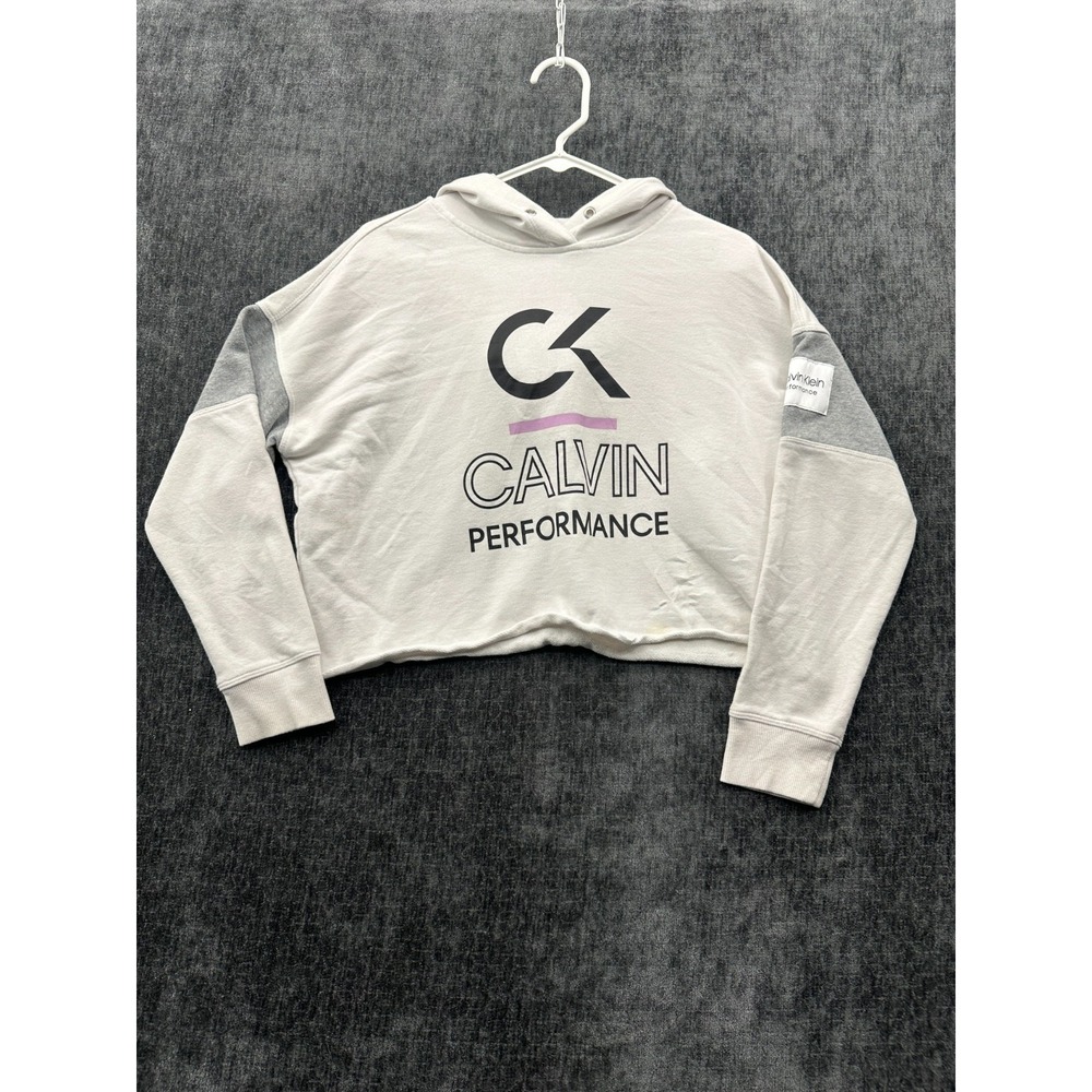 Calvin Klein Performance Cropped Hoodie Womens Small White Graphic Lined Ribbed